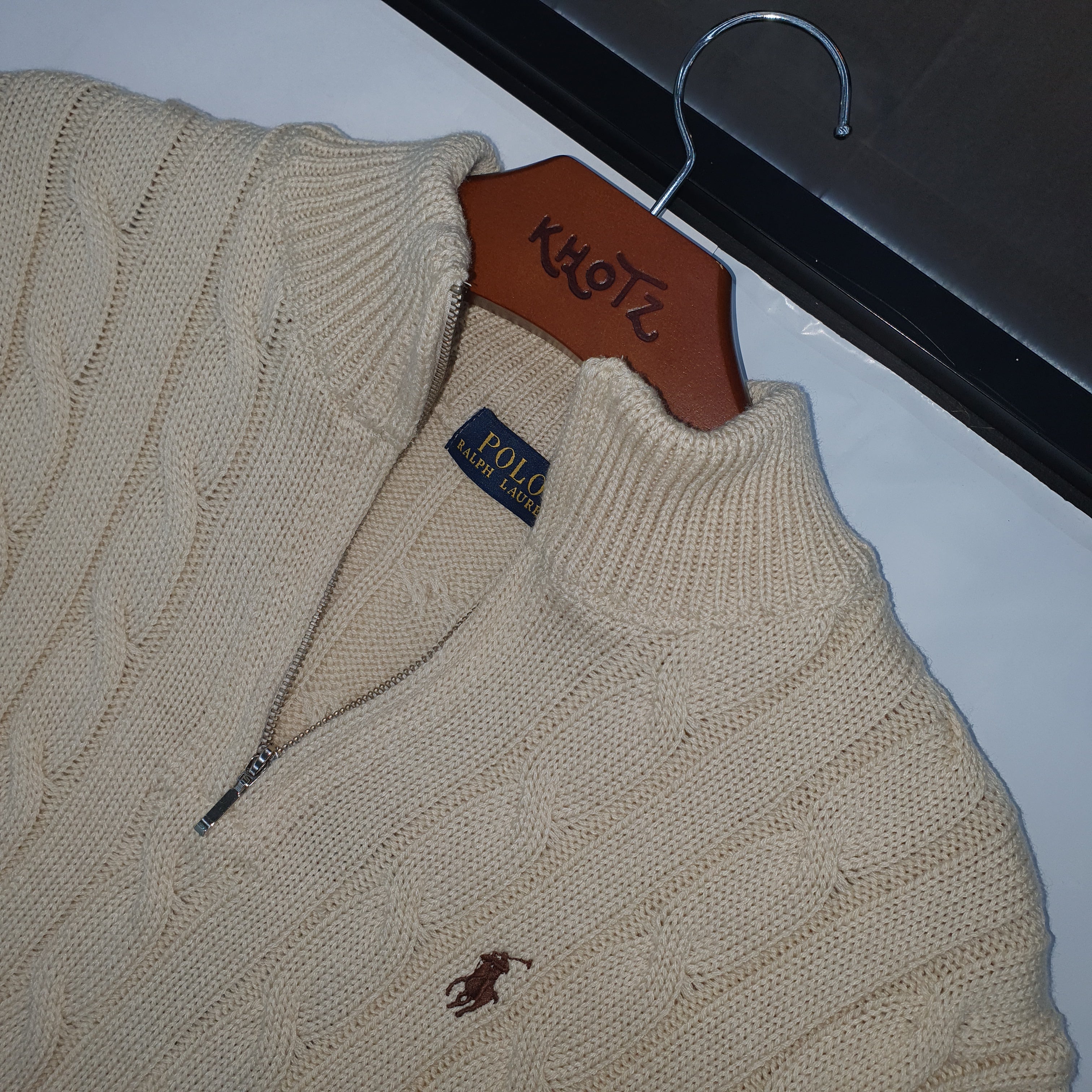 Suéter Trançado Ralph Lauren Masculino Com Zipper Creme Pony Marrom