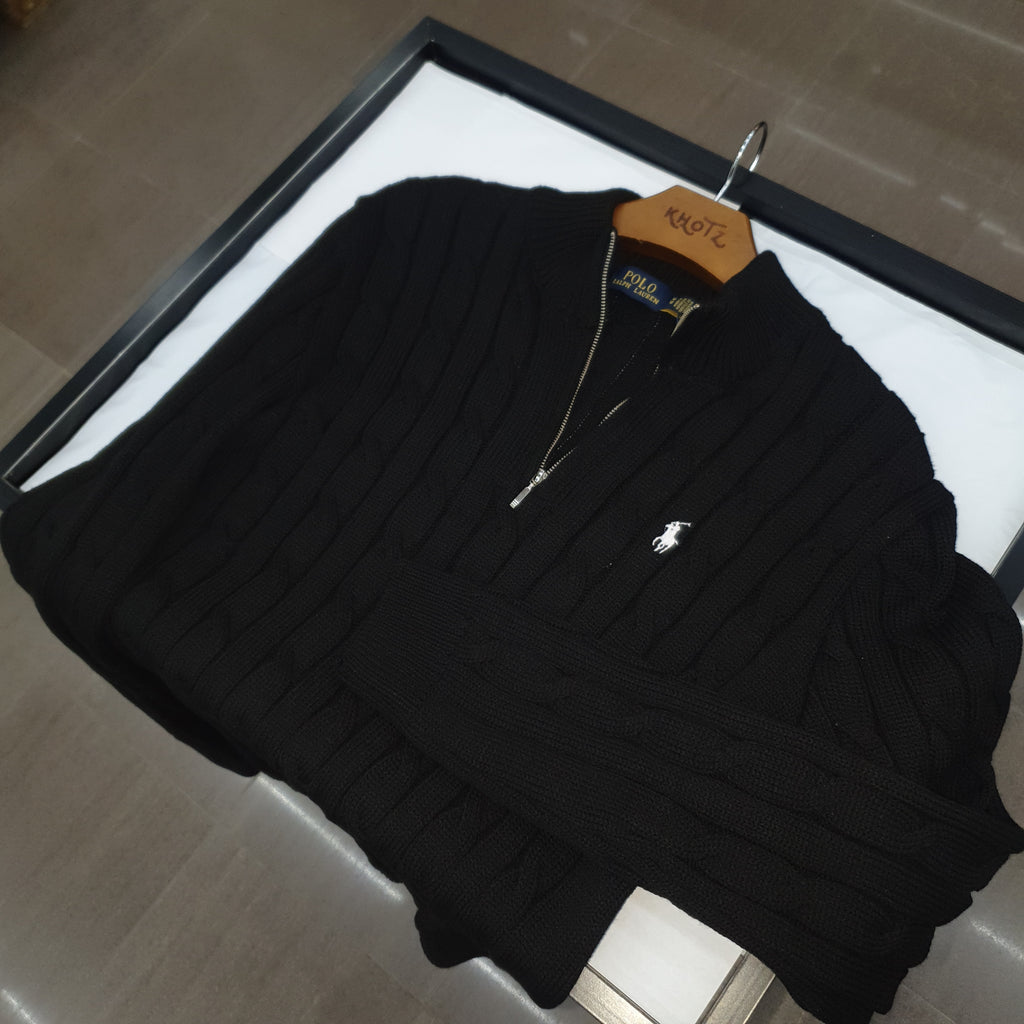 Suéter Trançado Ralph Lauren Masculino Com Zipper Preto Pony Branco