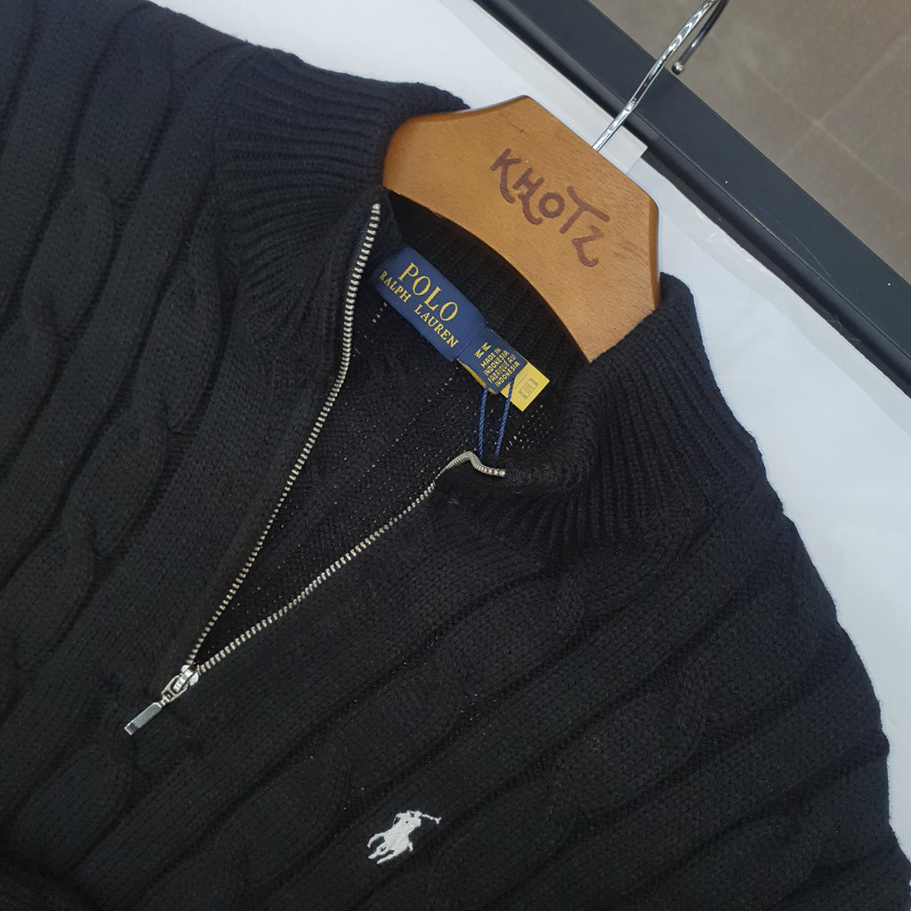 Suéter Trançado Ralph Lauren Masculino Com Zipper Preto Pony Branco