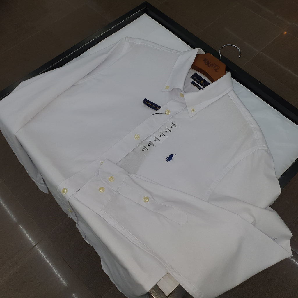 Camisa Ralph Lauren Masculina Oxford Seda Branca Pony Marinho