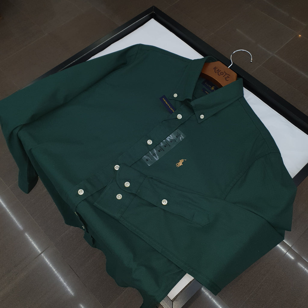 Camisa Ralph Lauren Masculina Oxford Seda Verde Floresta Pony Dourado