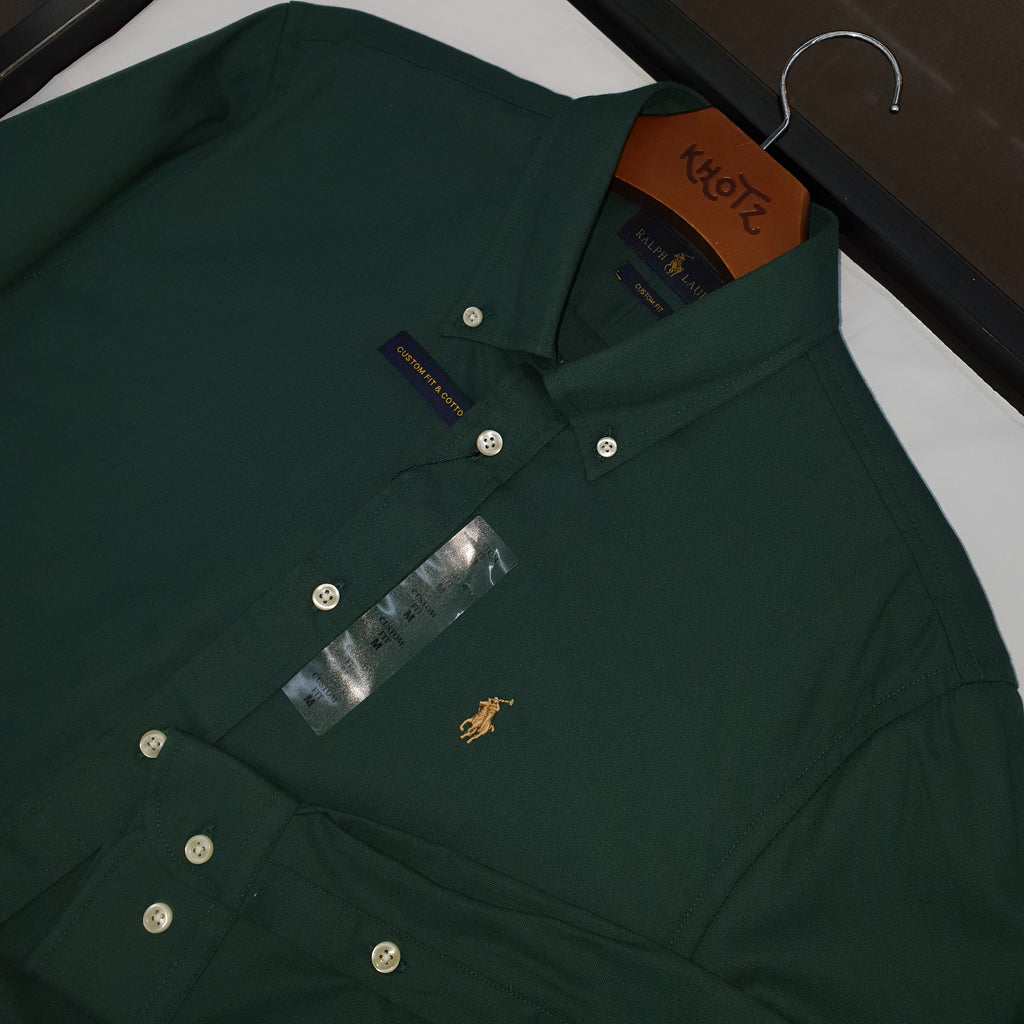 Camisa Ralph Lauren Masculina Oxford Seda Verde Floresta Pony Dourado