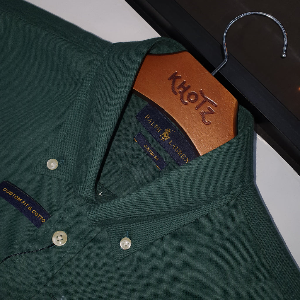 Camisa Ralph Lauren Masculina Oxford Seda Verde Floresta Pony Dourado