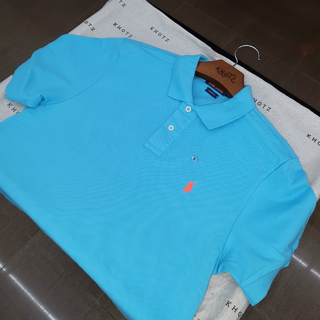 Polo Ralph Lauren Masculina Azul Ciano Pony Laranja