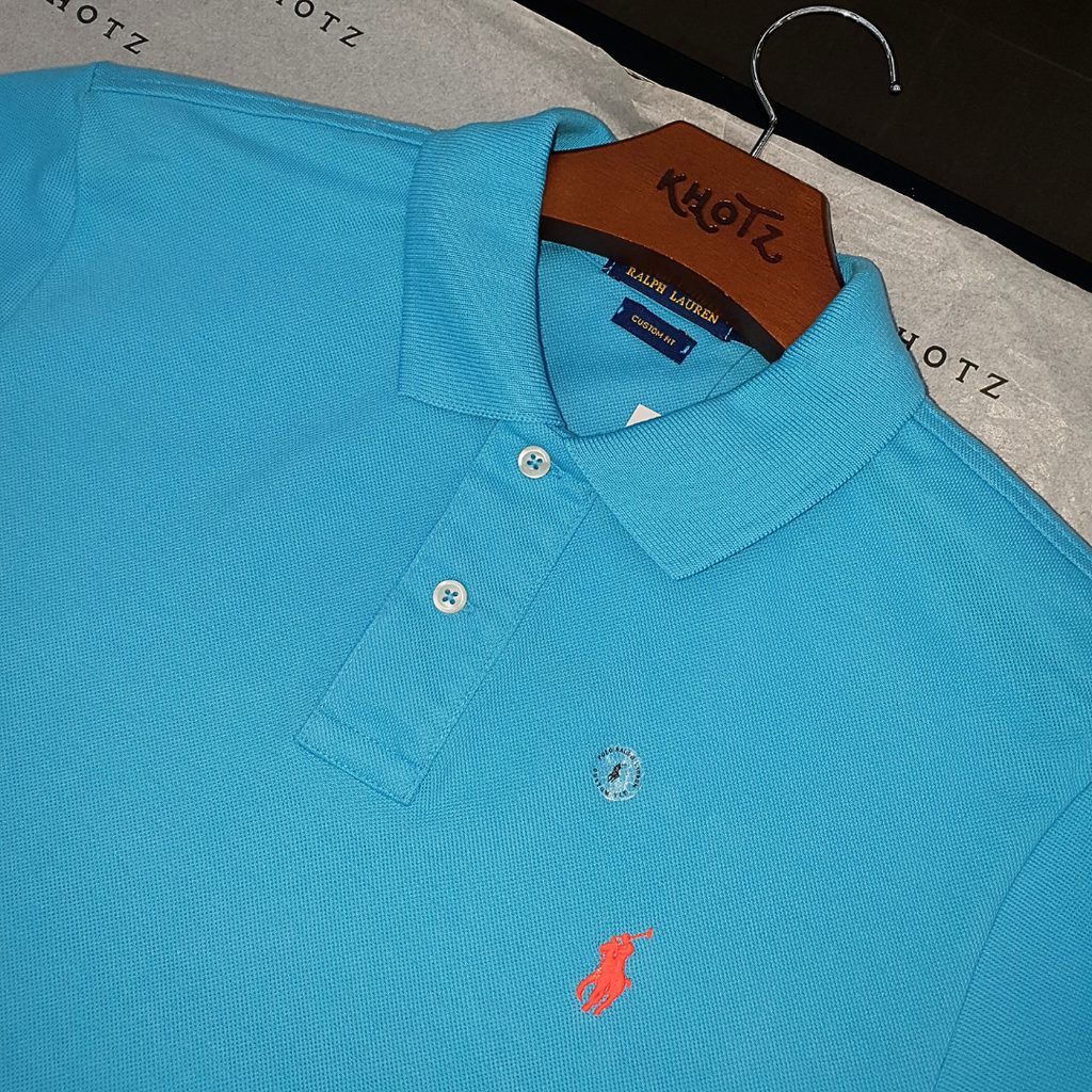 Polo Ralph Lauren Masculina Azul Ciano Pony Laranja
