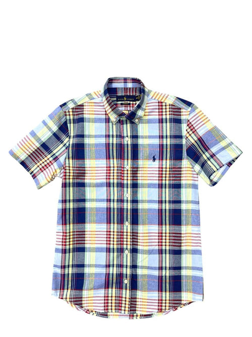 Camisa Ralph Lauren Masculina Manga Curta Xadrez Azul Americano Pony Marinho