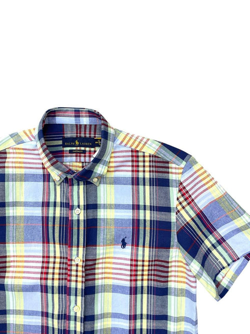 Camisa Ralph Lauren Masculina Manga Curta Xadrez Azul Americano Pony Marinho