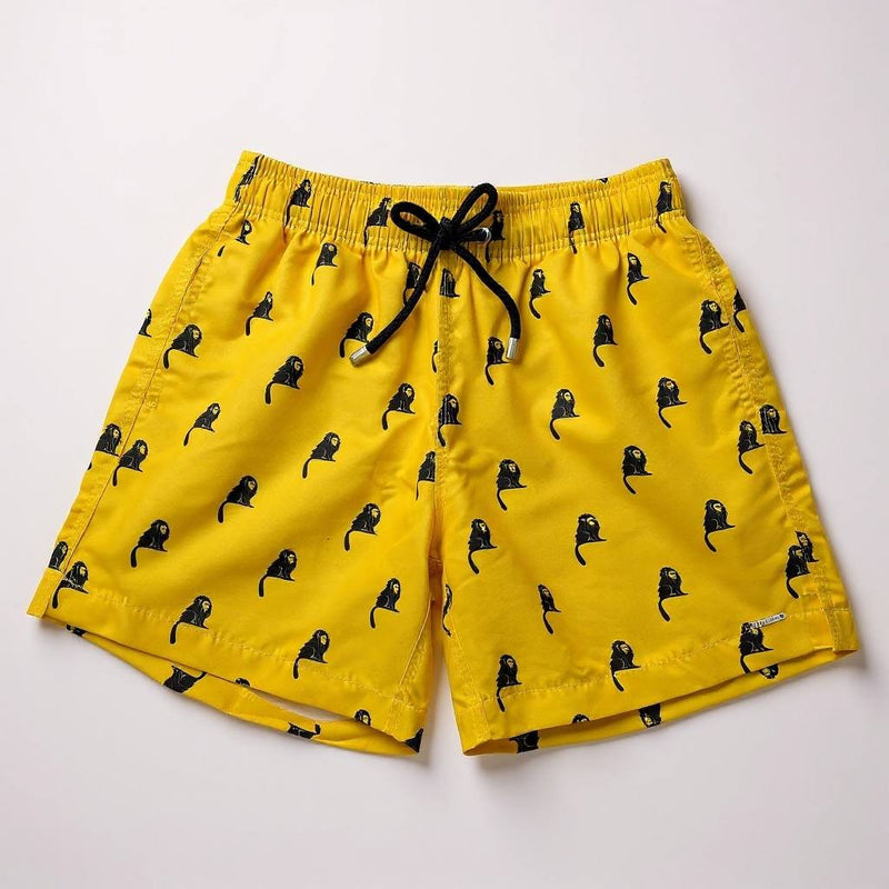 Shorts Praia Masculino Khotz Amarelo Estampa Macaco com Ponteiras em Metal
