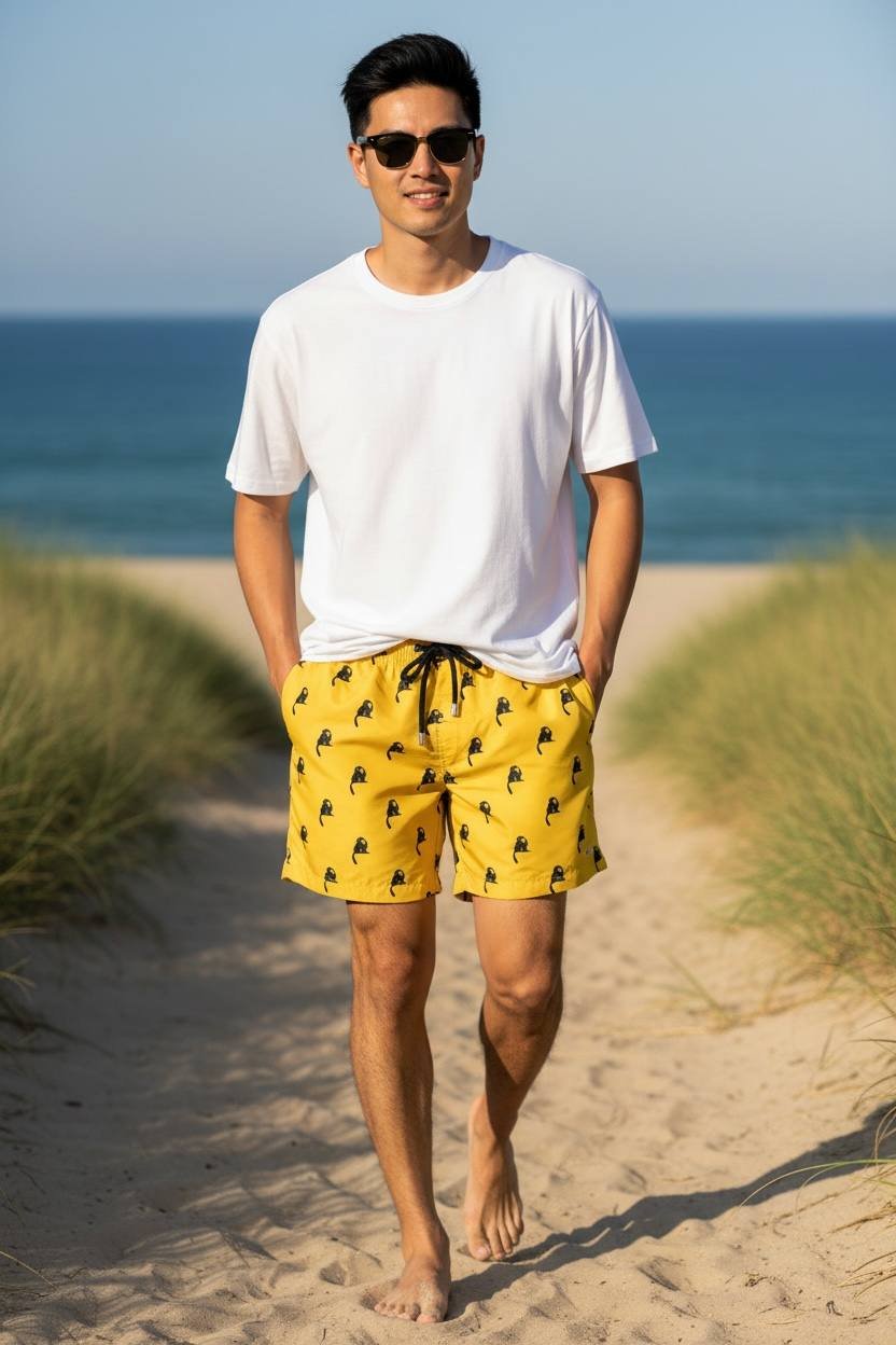 Shorts Praia Masculino Khotz Amarelo Estampa Macaco com Ponteiras em Metal