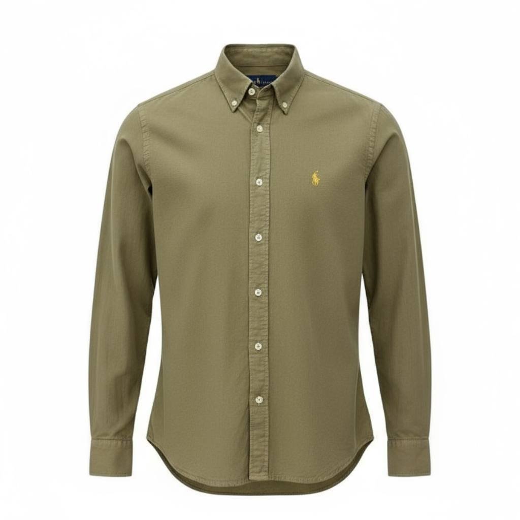 Camisa Ralph Lauren Masculina Oxford Tinturado Verde Exército Pony Dourado
