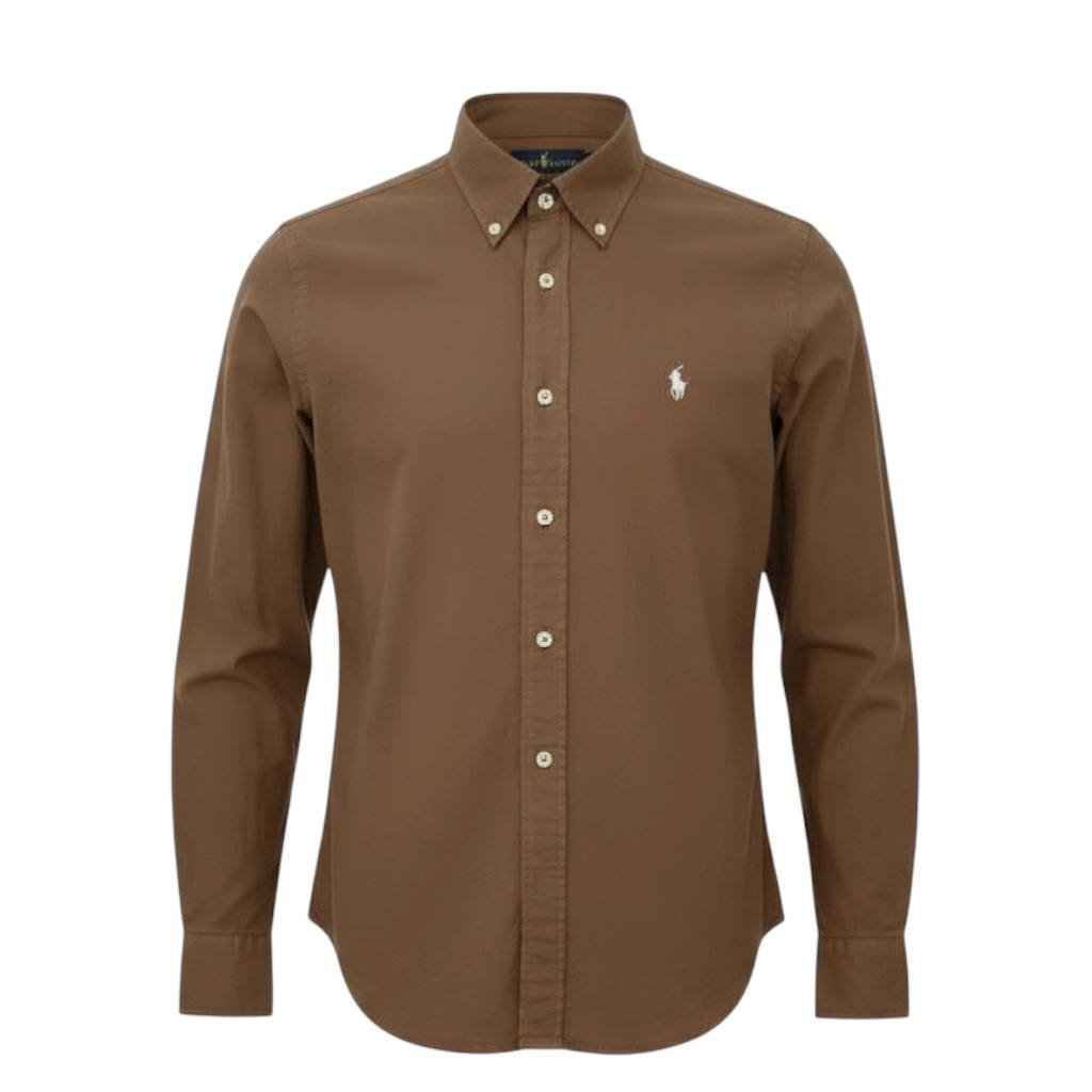Camisa Ralph Lauren Masculina Oxford Tinturado Marrom Caramelo Pony Creme
