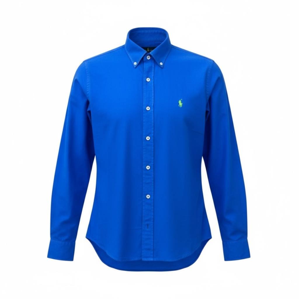 Camisa Ralph Lauren Masculina Oxford Tinturado Azul Royal Pony Verde Neon