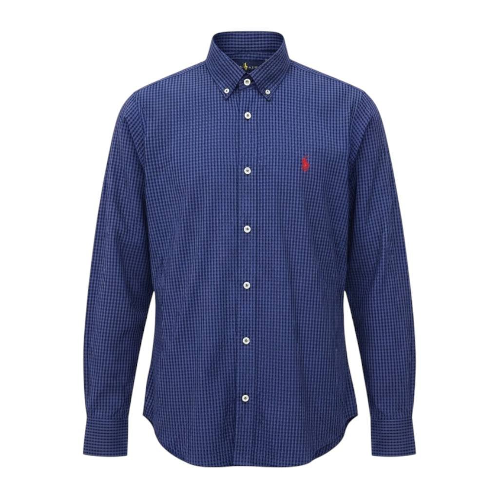 Camisa Ralph Lauren Masculina Micro Xadrez Australiano Azul Pony Vermelho