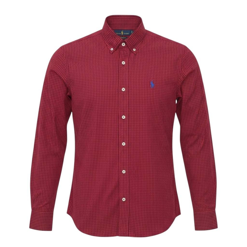Camisa Ralph Lauren Masculina Micro Xadrez Australiano Bordô Pony Azul