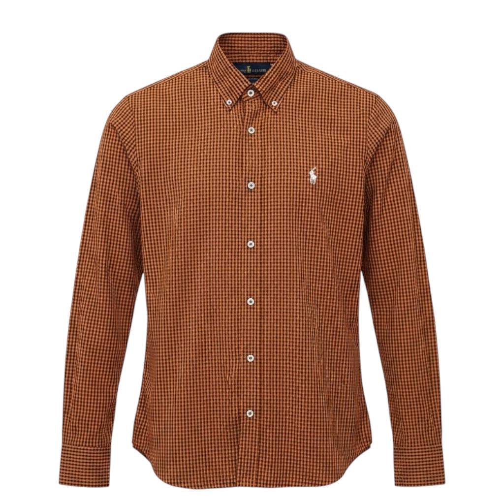 Camisa Ralph Lauren Masculina Micro Xadrez Australiano Caramelo Pony Branco