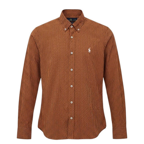 Camisa Ralph Lauren Masculina Micro Xadrez Australiano Caramelo Pony Branco
