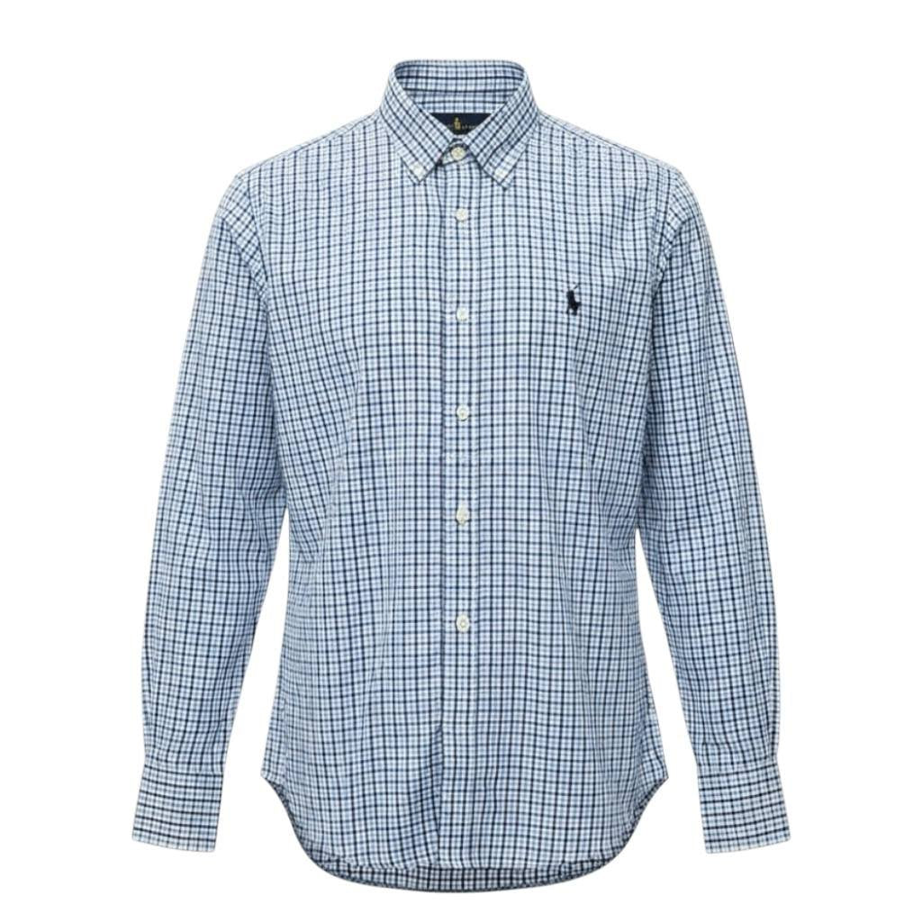 Camisa Ralph Lauren Masculina Micro Xadrez Azul Celeste Pony Preto