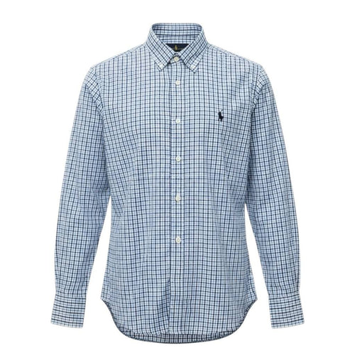 Camisa Ralph Lauren Masculina Micro Xadrez Azul Celeste Pony Preto