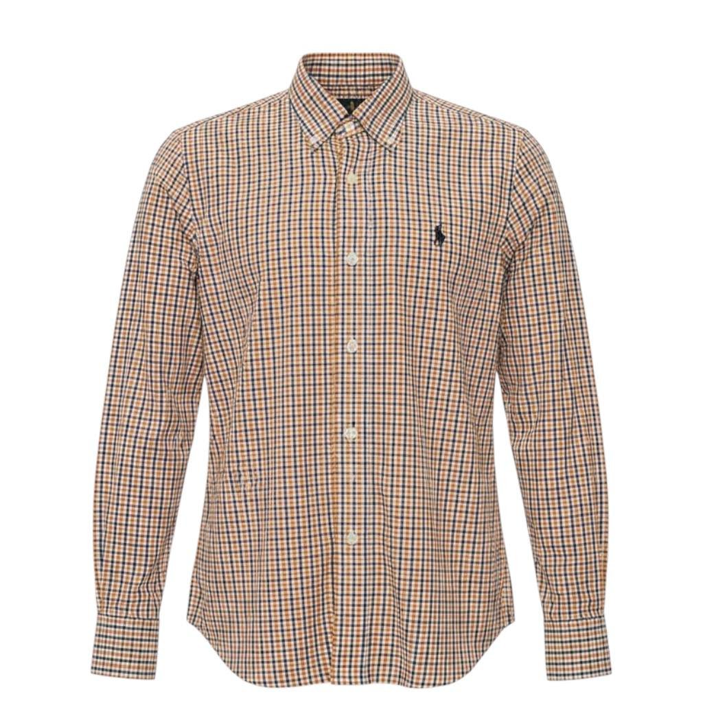 Camisa Ralph Lauren Masculina Micro Xadrez Laranja Pony Preto