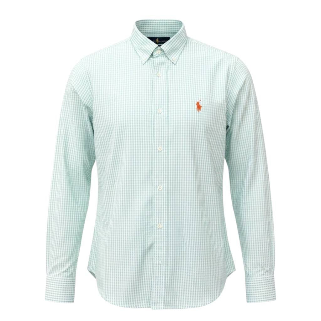 Camisa Ralph Lauren Masculina Micro Xadrez Verde Água Pony Laranja