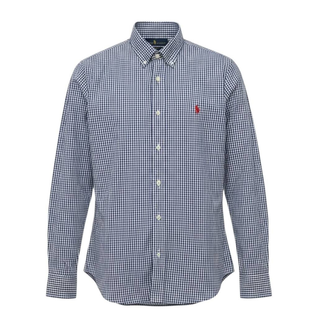Camisa Ralph Lauren Masculina Micro Xadrez Azul Petróleo Pony Vermelho