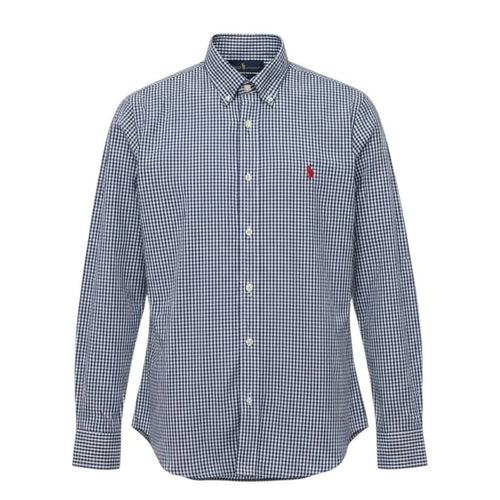 Camisa Ralph Lauren Masculina Micro Xadrez Azul Petróleo Pony Vermelho