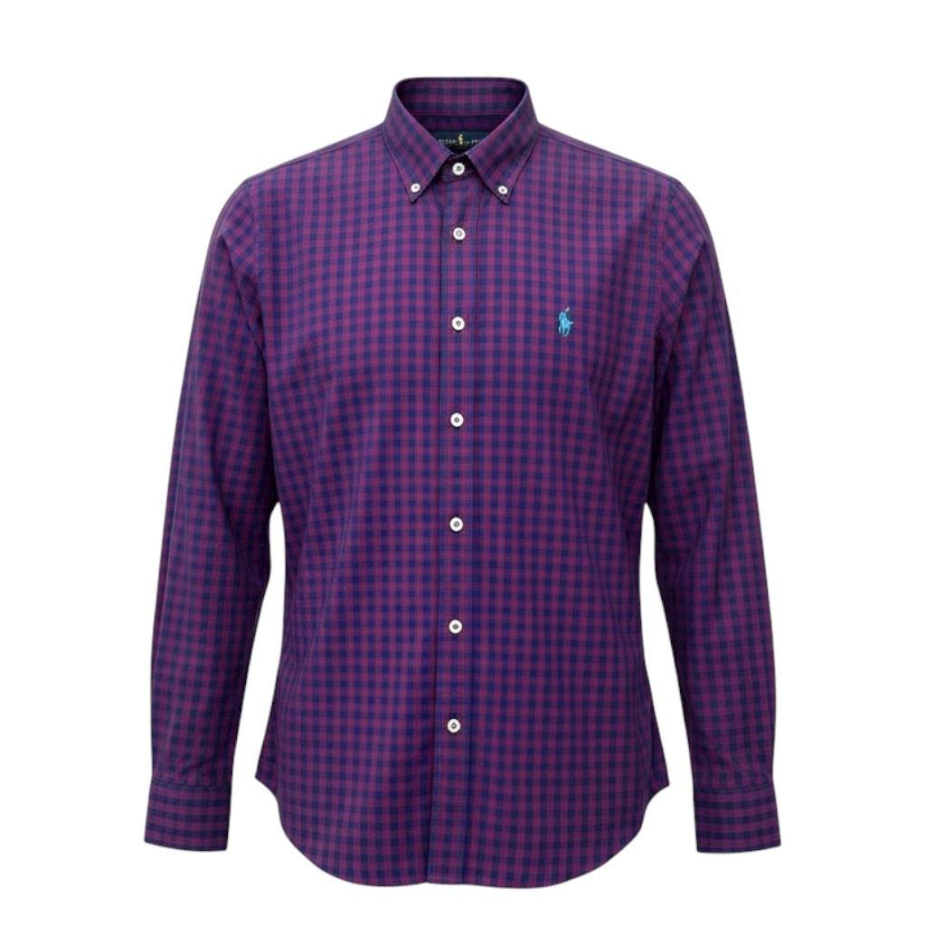 Camisa Ralph Lauren Masculina Xadrez Vinho Pony Azul