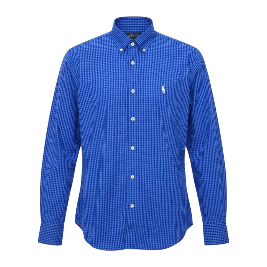 Camisa Ralph Lauren Masculina Micro Xadrez Australiano Azul Pony Cinza