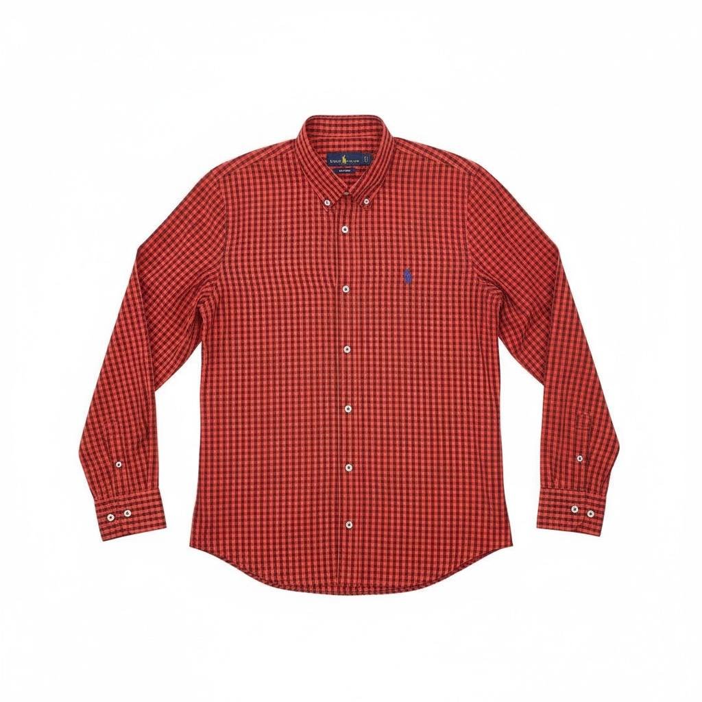 Camisa Ralph Lauren Masculina Xadrez Vermelho Sangue Pony Azul