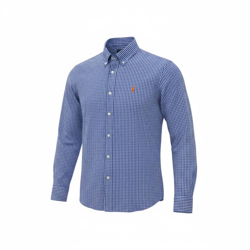 Camisa Ralph Lauren Masculina Xadrez Azul Pony Laranja