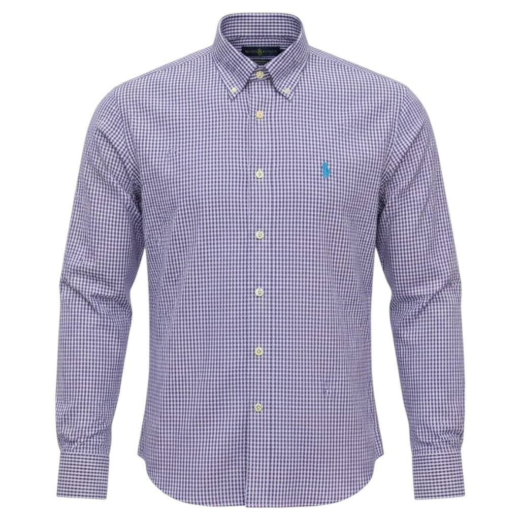 Camisa Ralph Lauren Masculina Micro Xadrez Lavanda Pony Azul Celeste