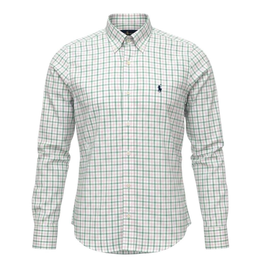 Camisa Ralph Lauren Masculina Xadrez Rosado com Listras Pony Azul