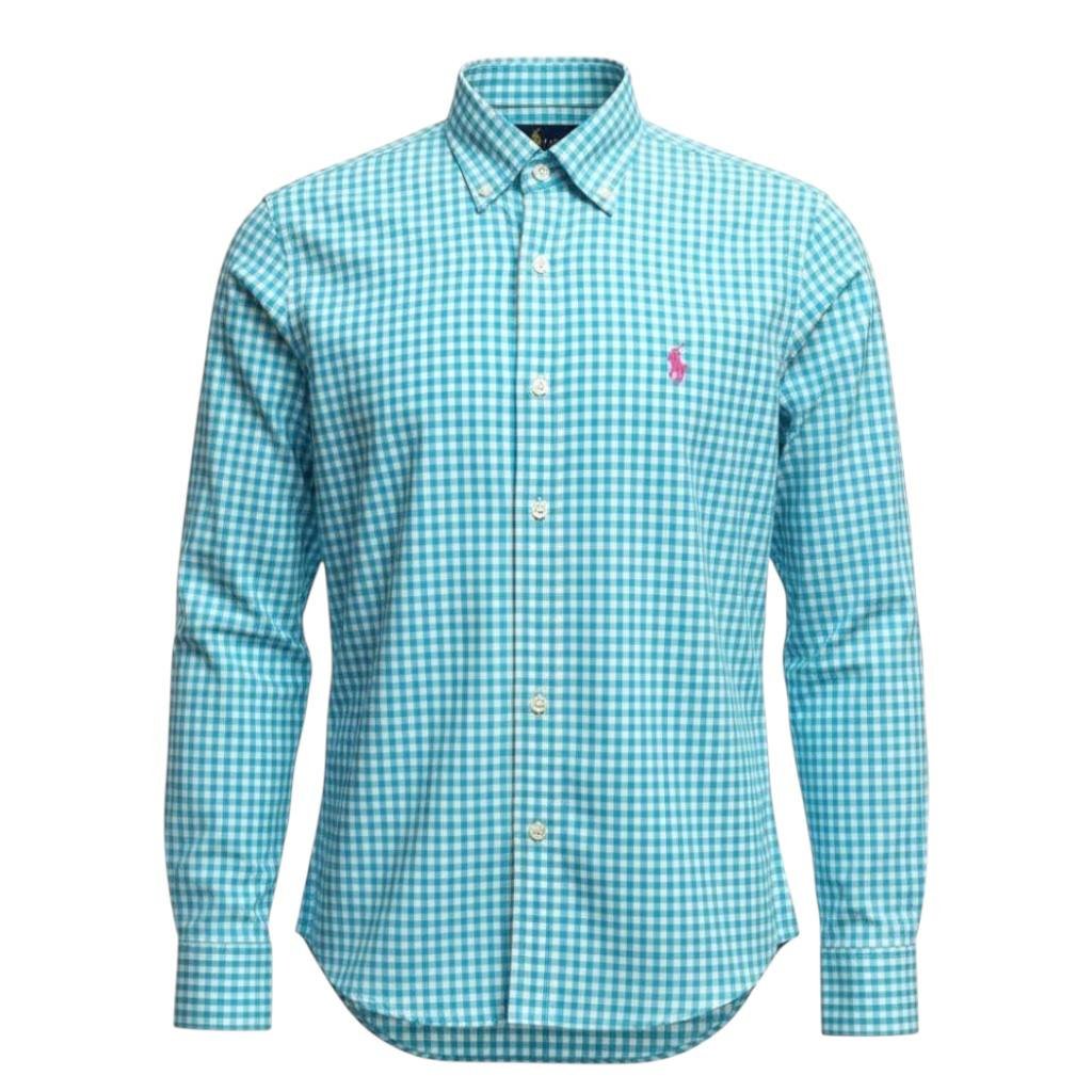 Camisa Ralph Lauren Masculina Xadrez Azul Esmeralda Pony Rosa