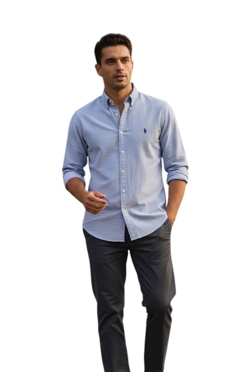 Camisa Ralph Lauren Masculina Oxford Clássico Azul Cinzento Pony Azul