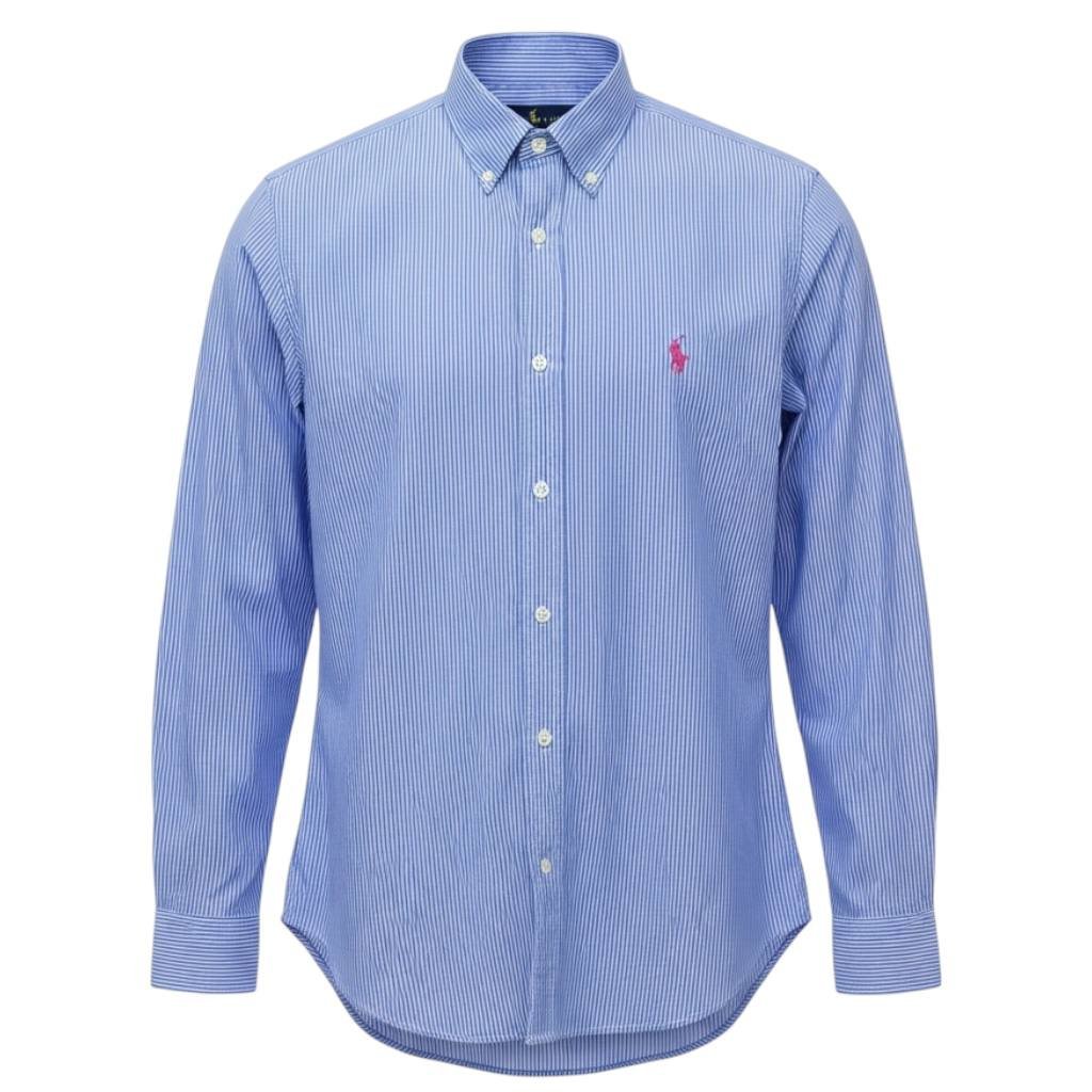 Camisa Ralph Lauren Masculina Azul Listras Executiva Pony Rosa