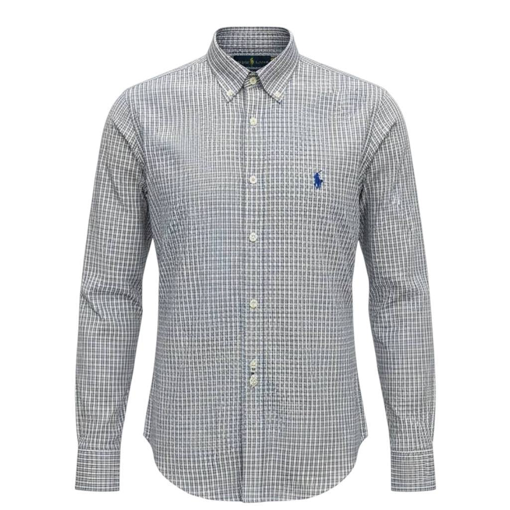 Camisa Ralph Lauren Masculina Cinzenta Listras Executiva Pony Azul