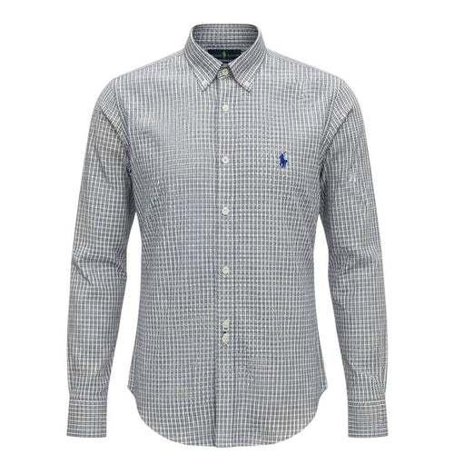 Camisa Ralph Lauren Masculina Cinzenta Listras Executiva Pony Azul