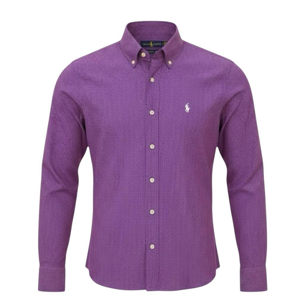 Camisa Ralph Lauren Masculina Roxa Mini Listras Azuis Pony Branco