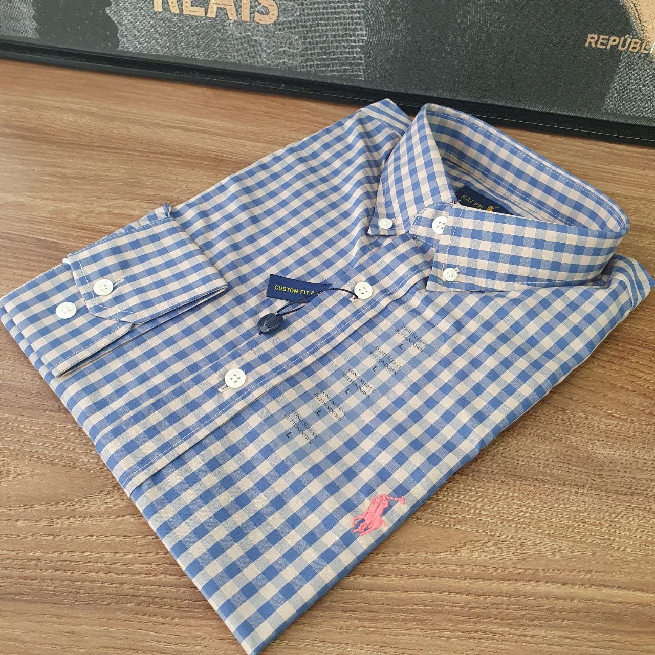 Camisa Ralph Lauren Masculina Xadrez Cimento Pony Rosa