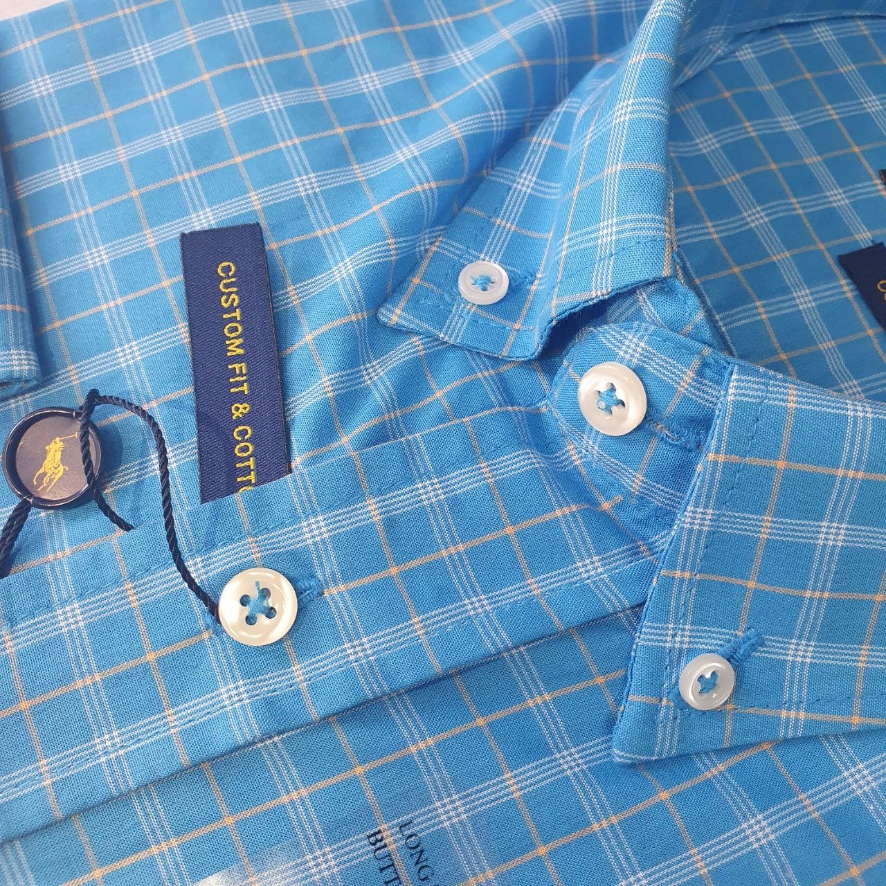 Camisa Ralph Lauren Masculina Xadrez Azul Listrado Pony Dourado