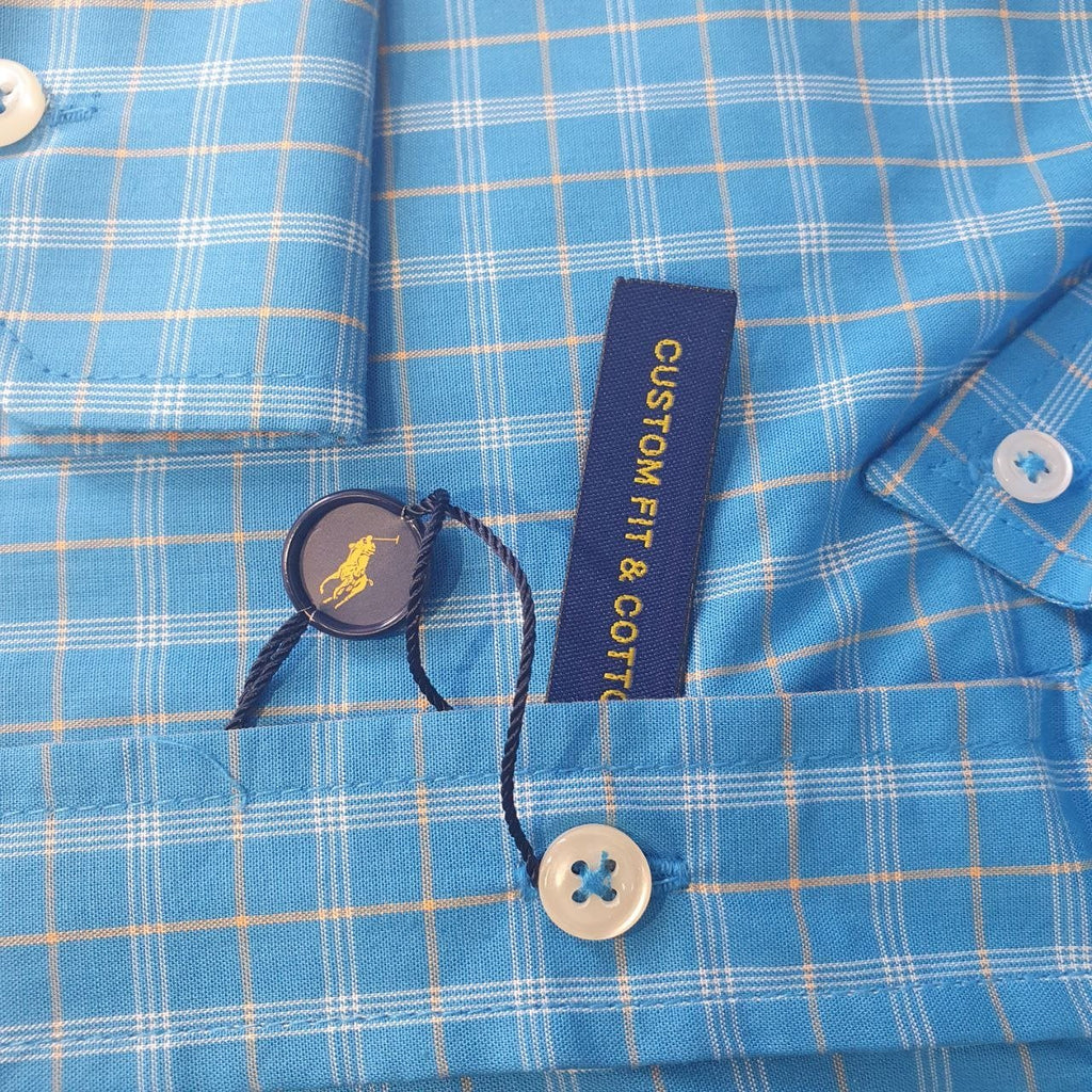 Camisa Ralph Lauren Masculina Xadrez Azul Listrado Pony Dourado