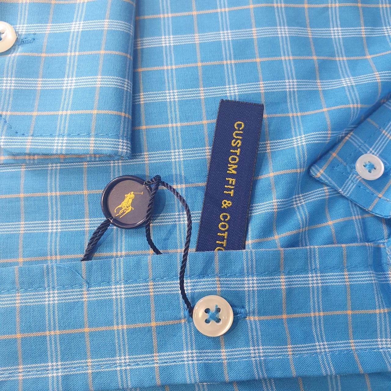 Camisa Ralph Lauren Masculina Xadrez Azul Listrado Pony Dourado