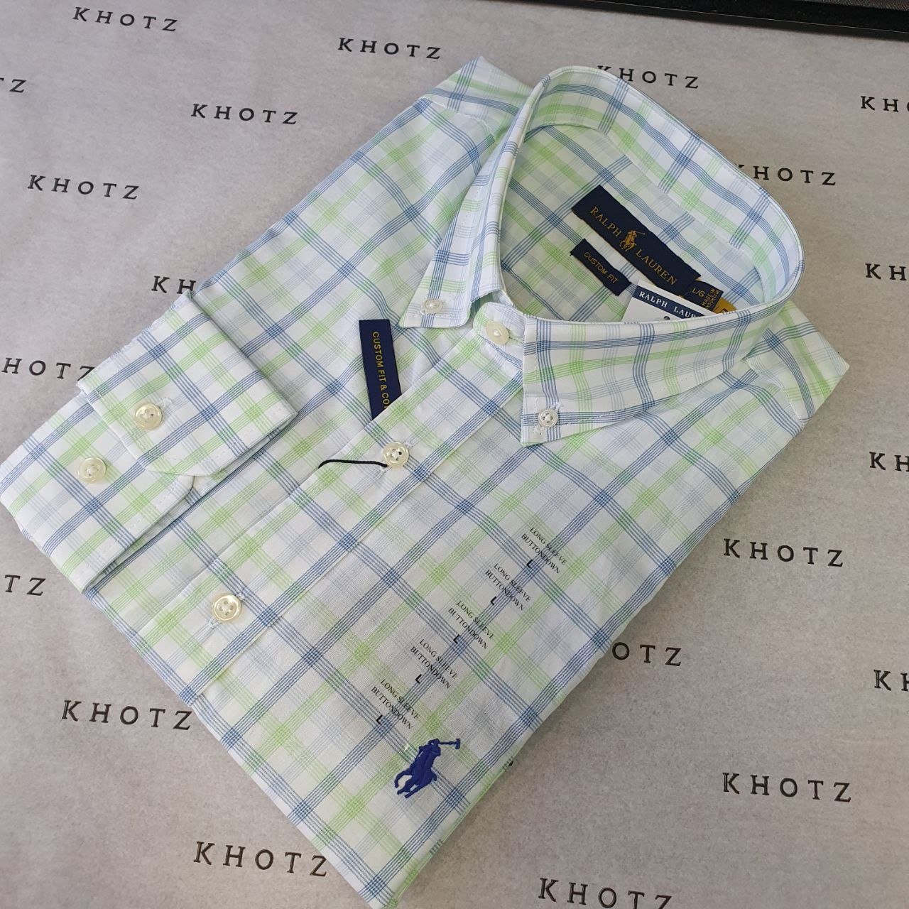 Camisa Ralph Lauren Masculina Xadrez Verde com Listras Pony Azul