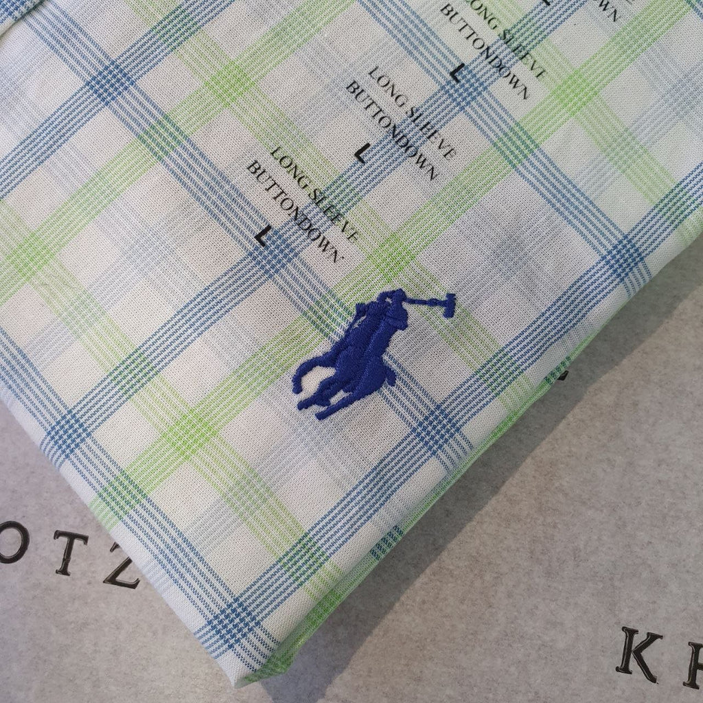 Camisa Ralph Lauren Masculina Xadrez Verde com Listras Pony Azul
