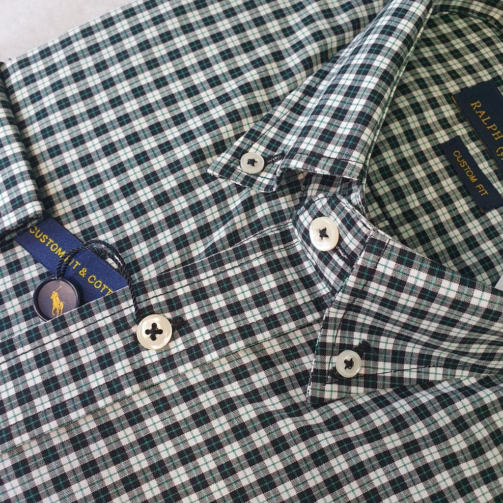 Camisa Ralph Lauren Masculina Xadrez Preto no Branco Pony Verde Esmeralda