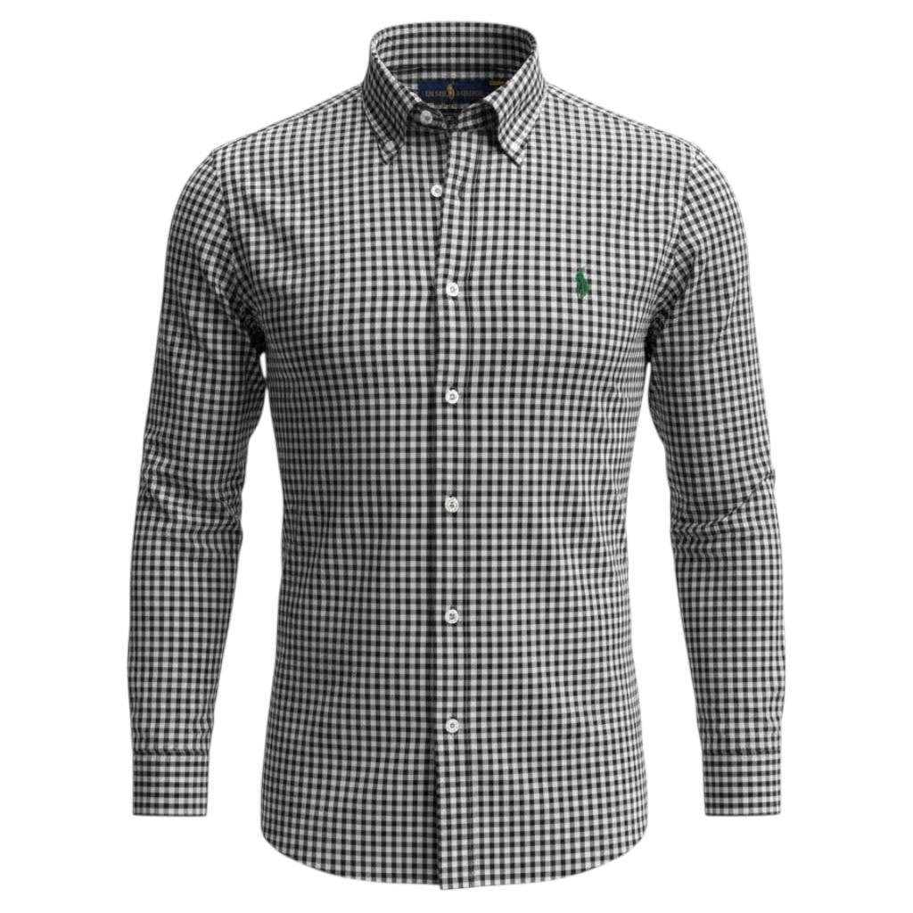 Camisa Ralph Lauren Masculina Xadrez Preto no Branco Pony Verde Esmeralda