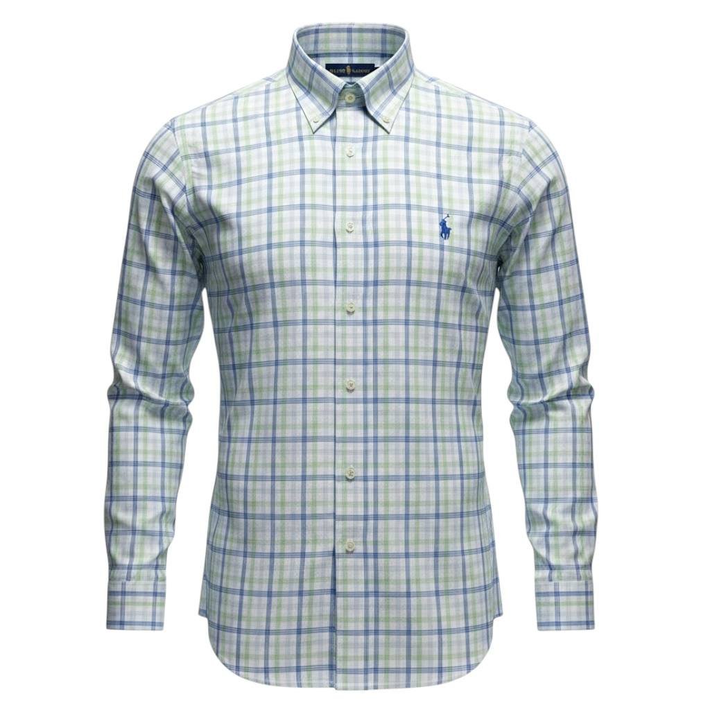Camisa Ralph Lauren Masculina Xadrez Verde com Listras Pony Azul