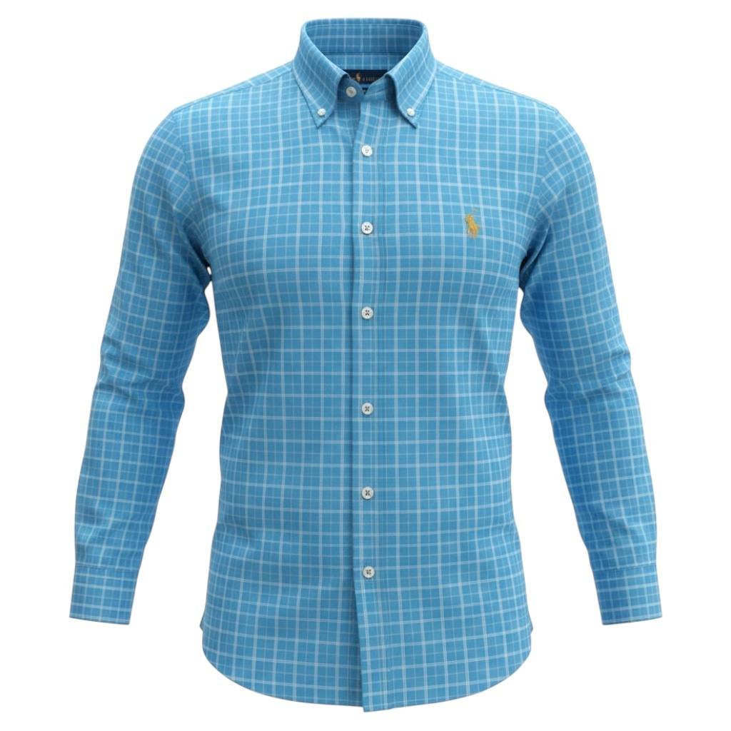 Camisa Ralph Lauren Masculina Xadrez Azul Listrado Pony Dourado
