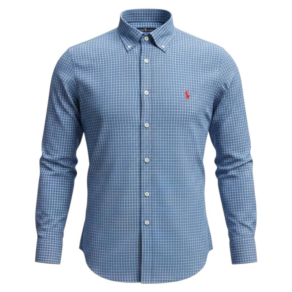 Camisa Ralph Lauren Masculina Xadrez Azul Executivo Pony Vermelho