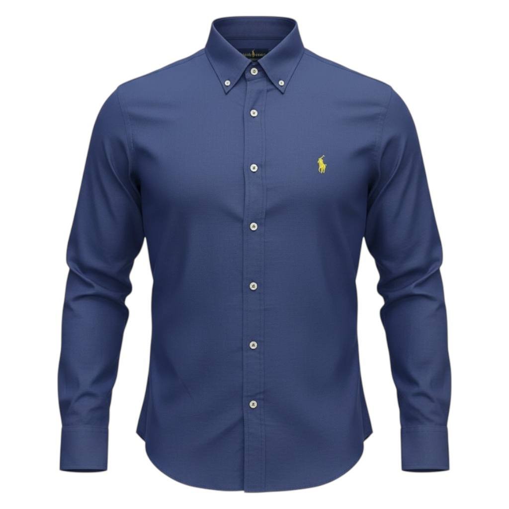 Camisa Ralph Lauren Masculina Linho cor Azul Naval Pony Amarelo